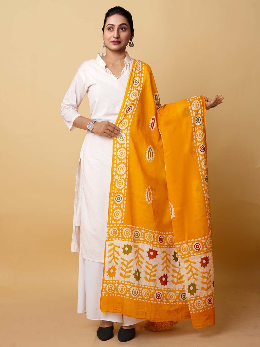 

Unnati Silks Ethnic Motifs Pure Wax Batik Printed Cotton Dupatta, Yellow