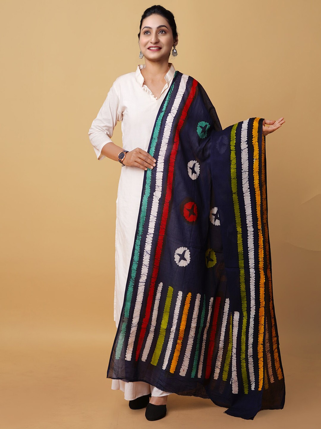 

Unnati Silks Geometric Pure Wax Batik Printed Cotton Dupatta, Navy blue