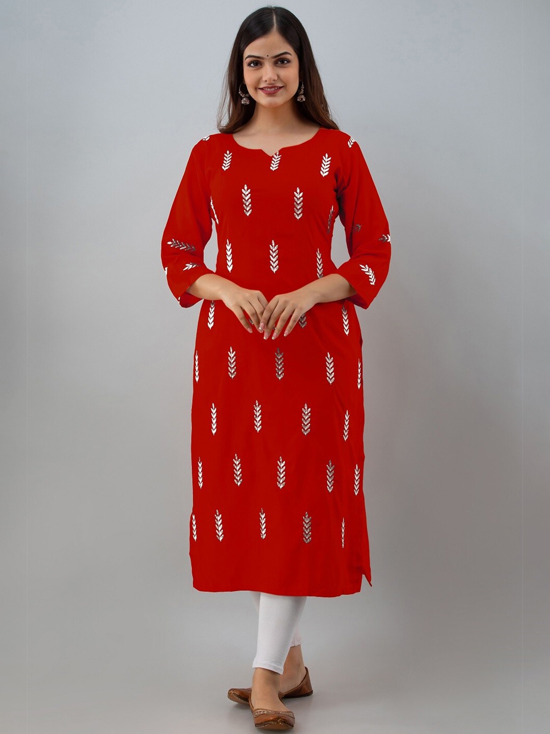 

BAESD Floral Embroidered Notch Neck Straight Kurta, Red