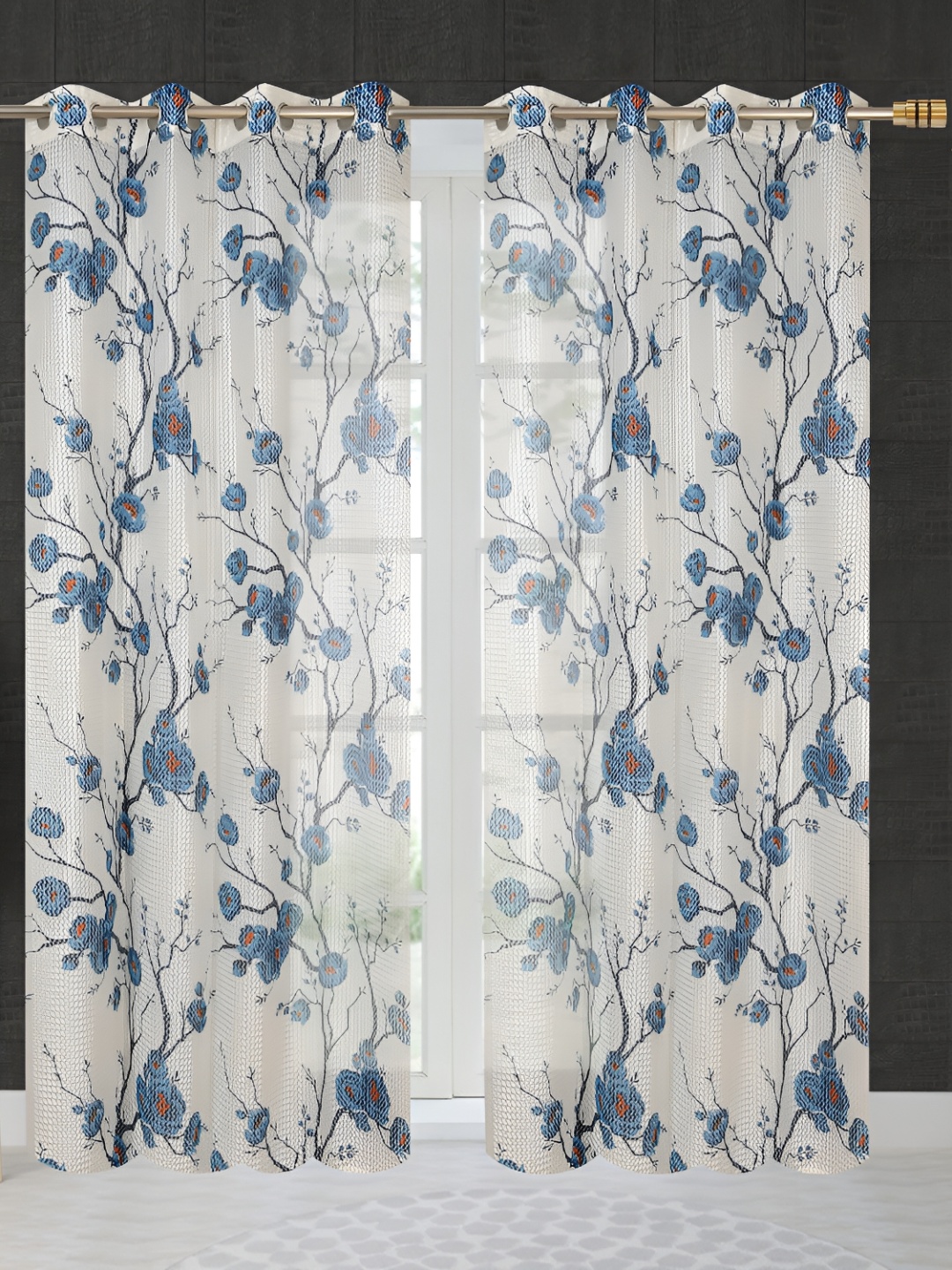

Galaxy Home Decor Turquoise Blue Set of 3 Floral Room Darkening Long Door Curtain
