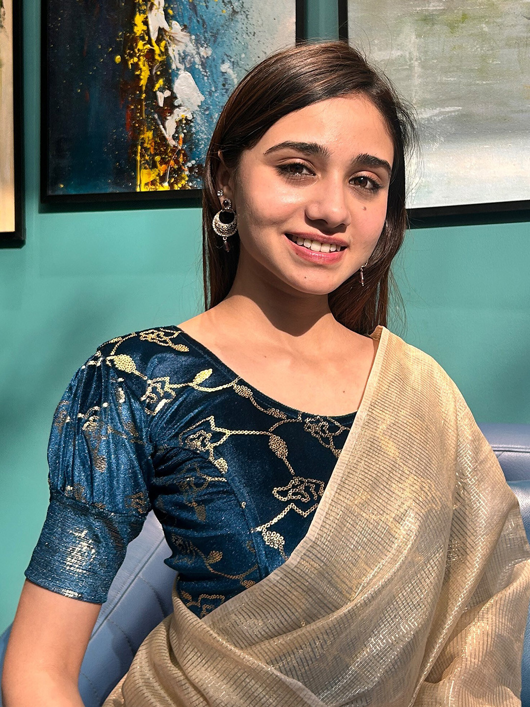 

Bindigasm's Advi Floral Printed Sequinned Puff Sleeves Stretchable Velvet Saree Blouse, Navy blue