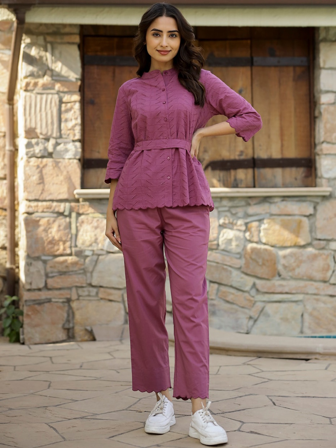 

SANSKRUTIHOMES Self Design Pure Cotton Top & Trousers Co-Ord Set, Purple