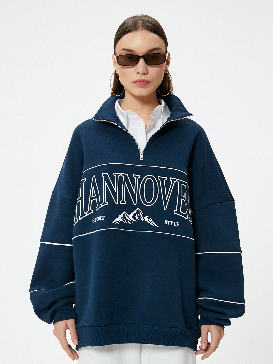 

Koton Typography Printed Mock Collar Pullover, Navy blue