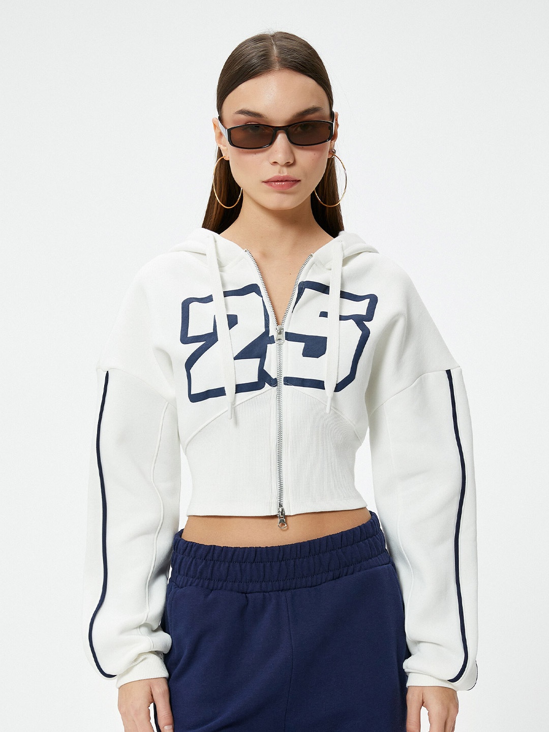 

Koton Typography Printed Hooded Cropped Front-Open Sweatshirt, Beige