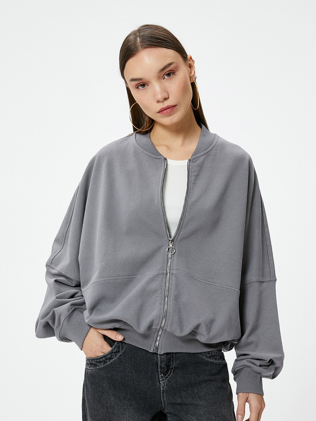 

Koton Stand Collar Front Open Sweatshirt, Grey