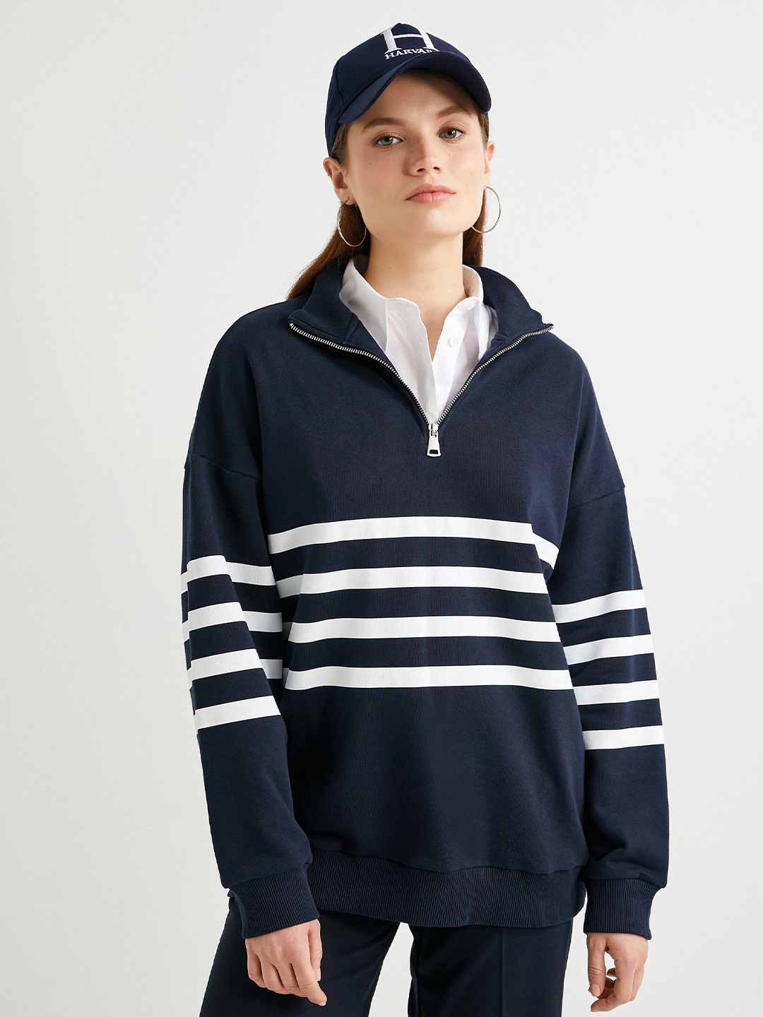 

Koton Striped Mock Collar Pullover Sweatshirt, Navy blue