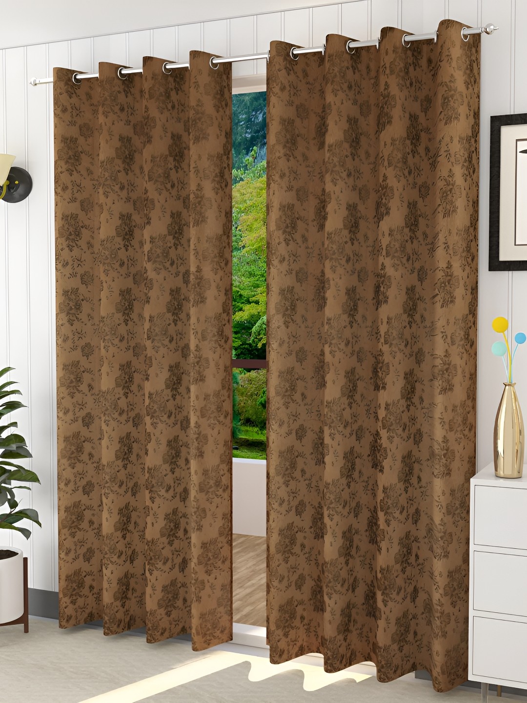 

Galaxy Home Decor Coffee Brown Set of 3 Floral Room Darkening Long Door Curtain