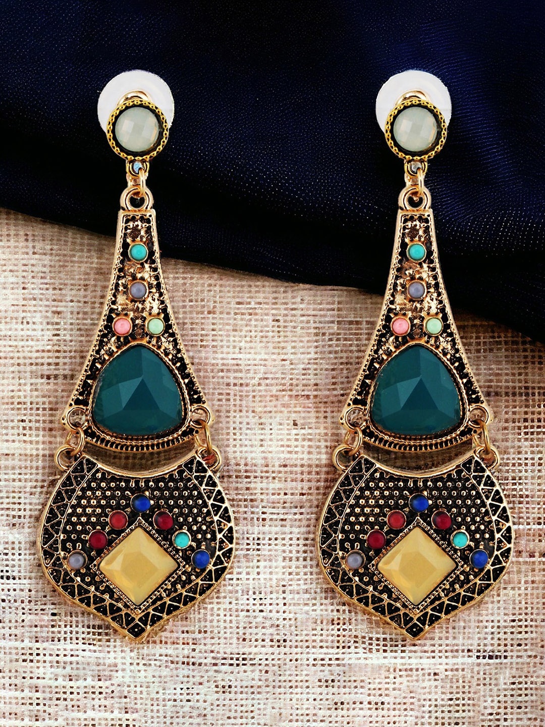 

LUCKY JEWELLERY Gold-Plated Artificial Stones-Studded Contemporary Drop Earrings