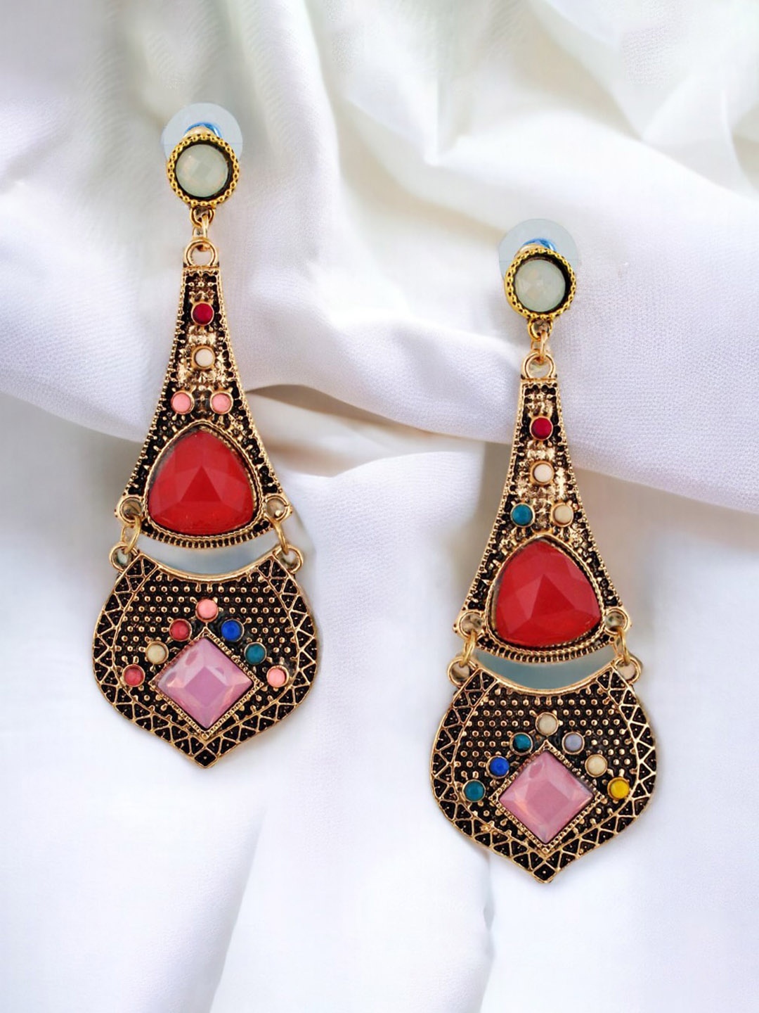 

LUCKY JEWELLERY Gold-Plated Artificial Stones-Studded Contemporary Drop Earrings