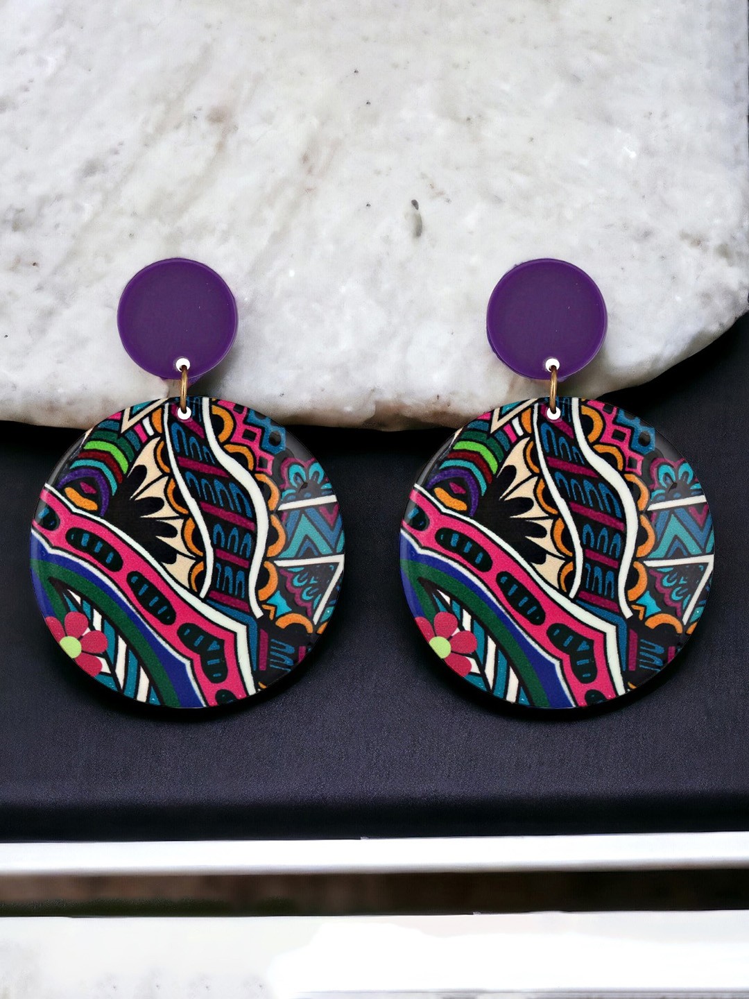 

LUCKY JEWELLERY Gold-Plated Round Shape Bohemian Printed Drop Earrings