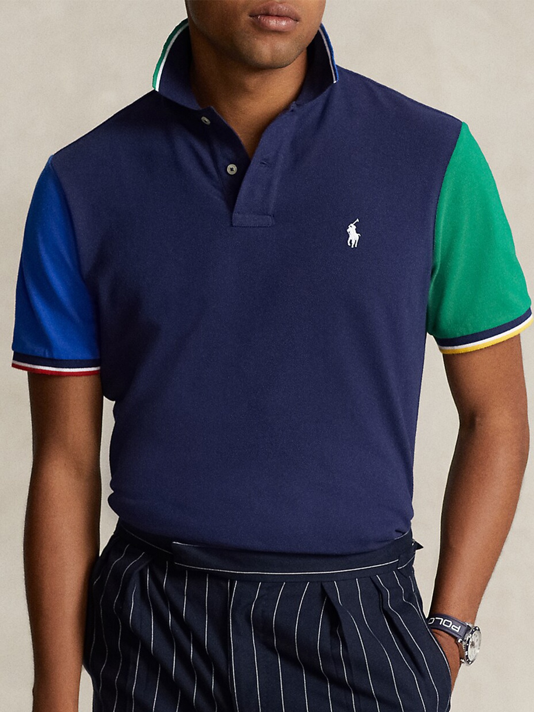 

Polo Ralph Lauren Colourblocked Polo Collar Cotton T-Shirt, Navy blue