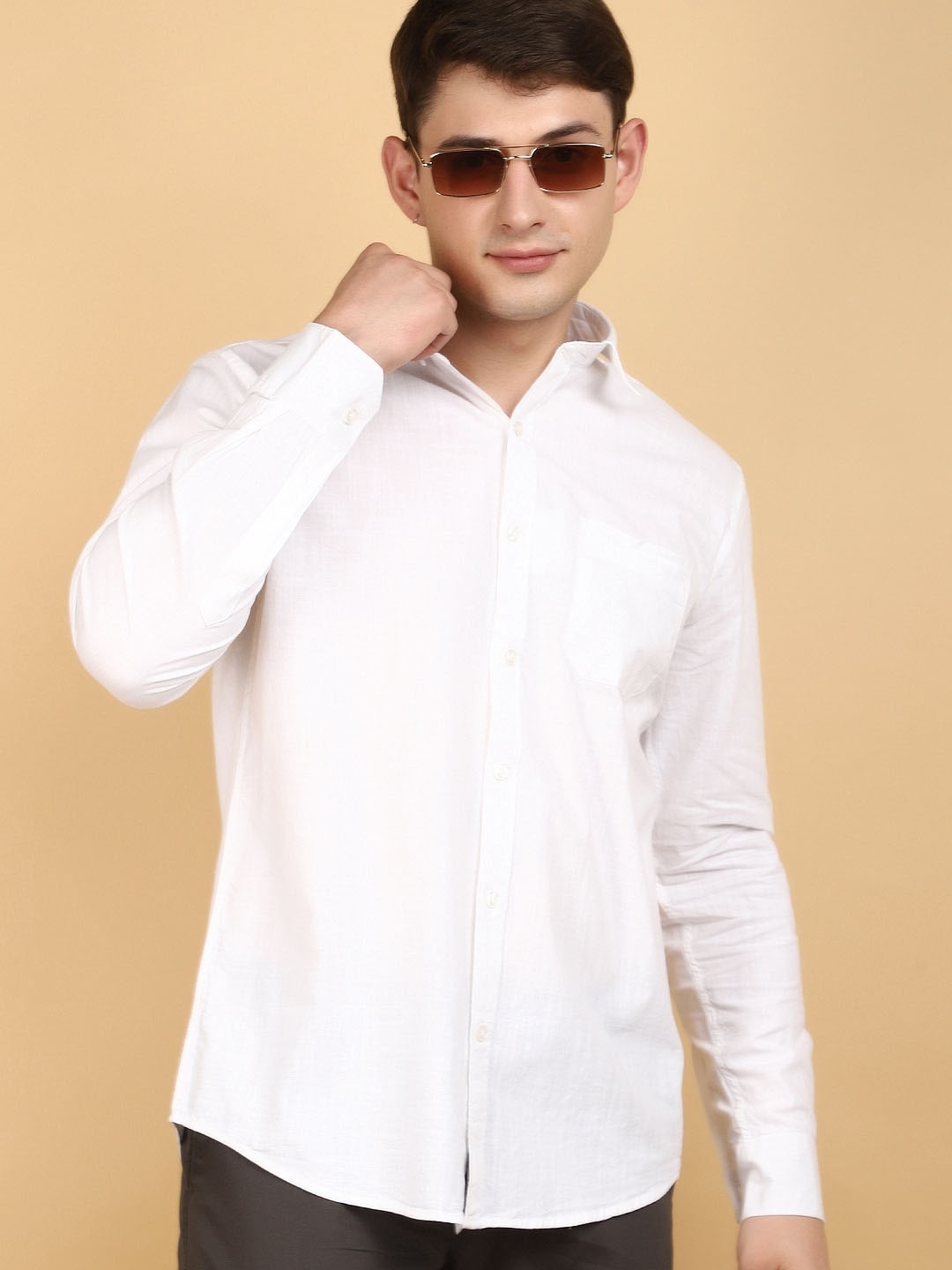 

V-Mart Spread Collar Long Sleeves Cotton Casual Shirt, White