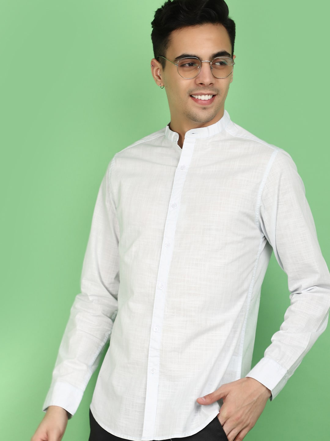 

V-Mart Self Design Band Collar Slim Fit Cotton Casual Shirt, Blue