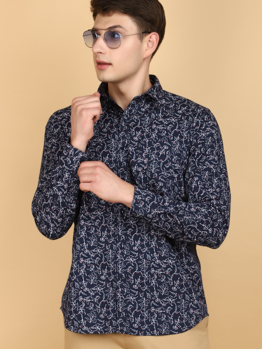 

V-Mart Floral Printed Spread Collar Twill Cotton Casual Shirt, Blue
