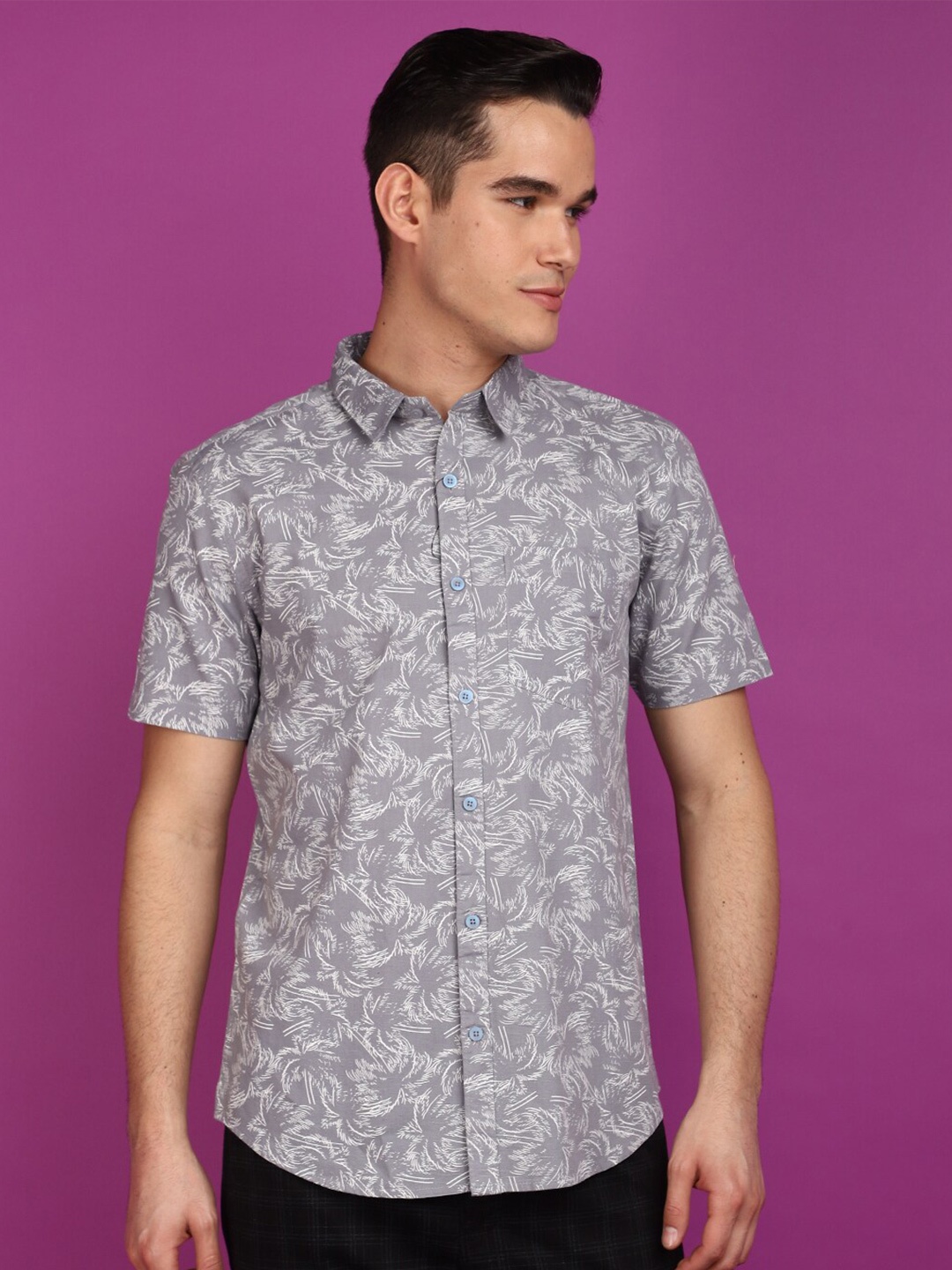 

V-Mart Floral Printed Spread Collar Casual Shirt, Grey