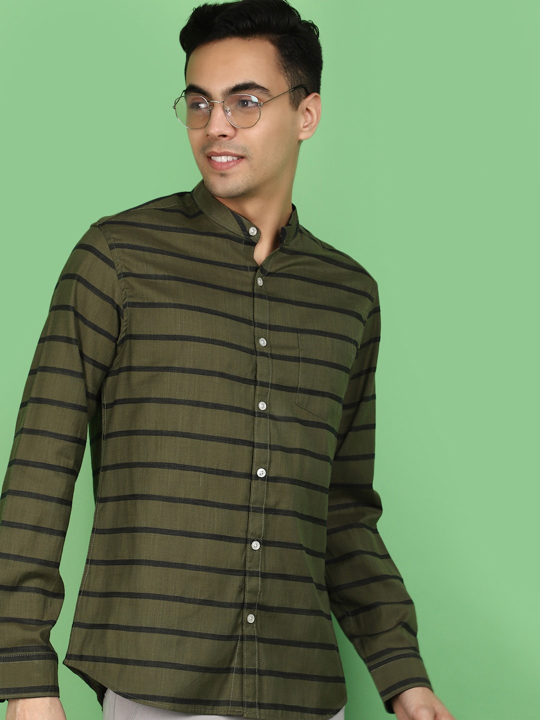 

V-Mart Horizontal Striped Mandarin Collar Cotton Casual Shirt, Green