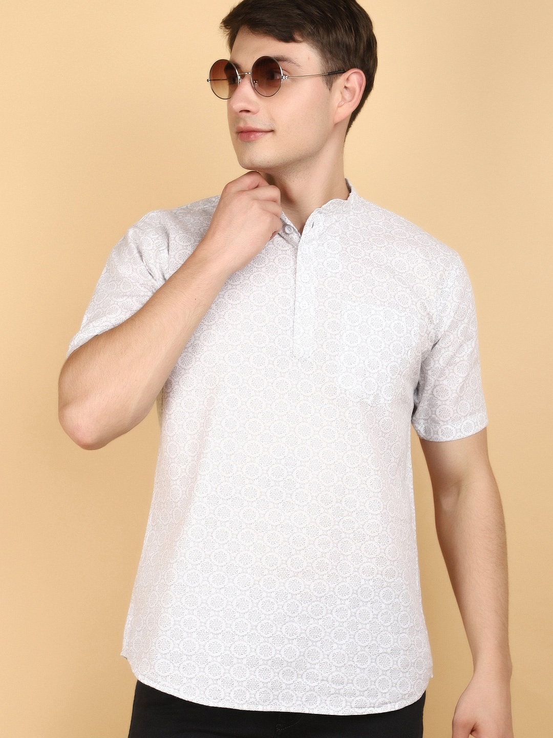

V-Mart Ethnic Motifs Printed Mandarin Collar Cotton Casual Shirt, Grey