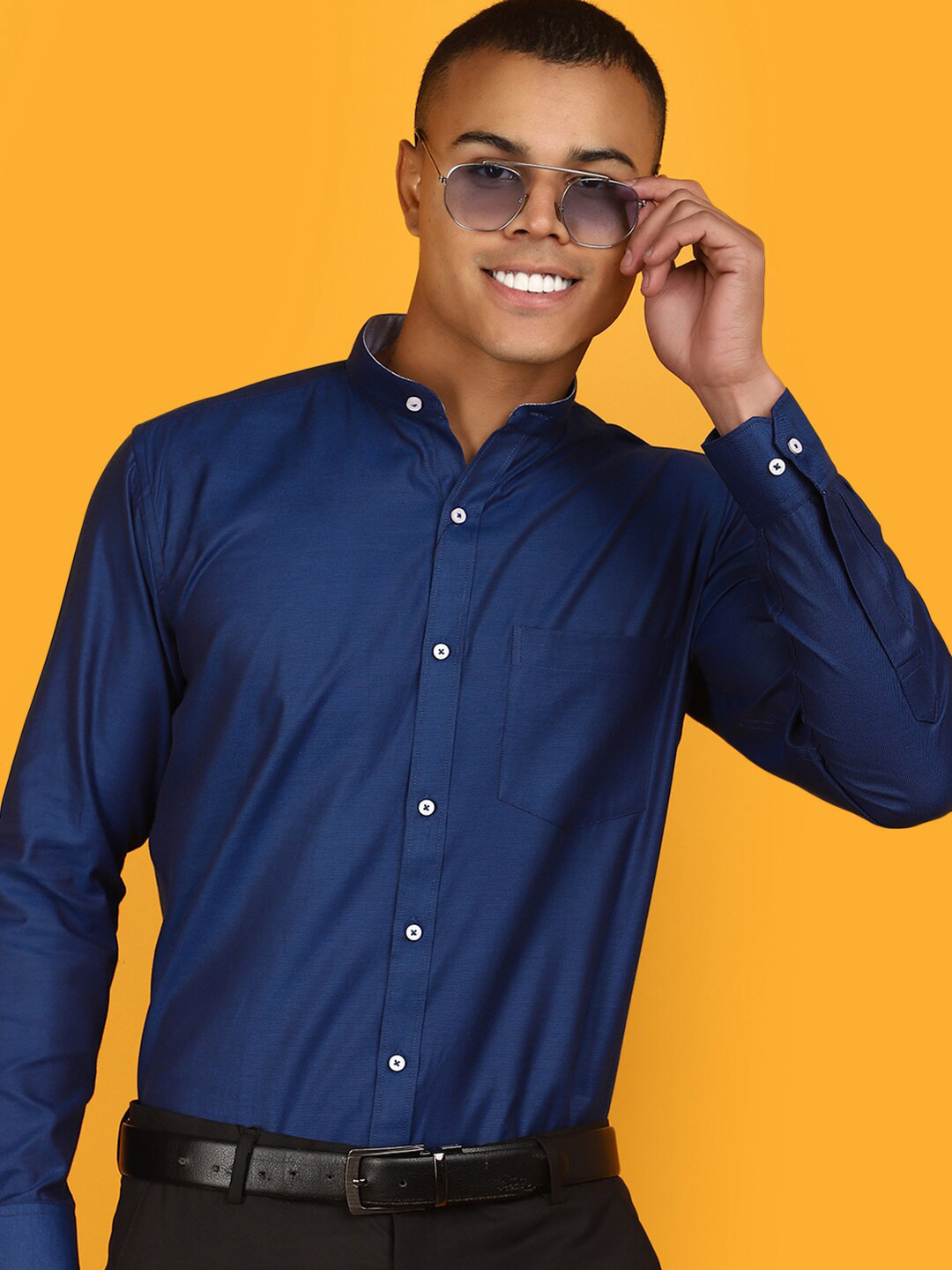 

V-Mart Band Collar Long Sleeves Cotton Dobby Formal Shirt, Blue