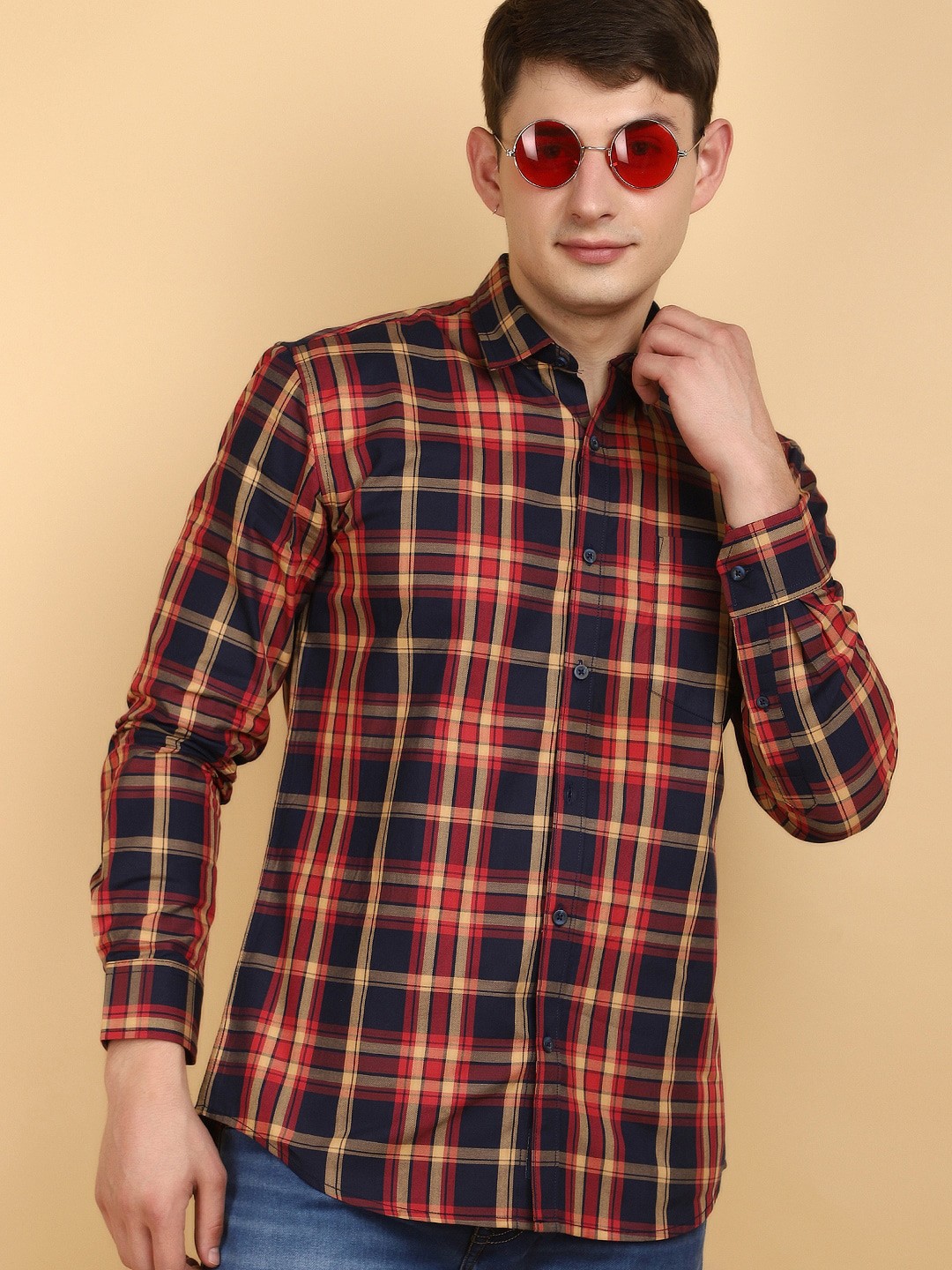 

V-Mart Tartan Checked Twill Weave Cotton Casual Shirt, Brown