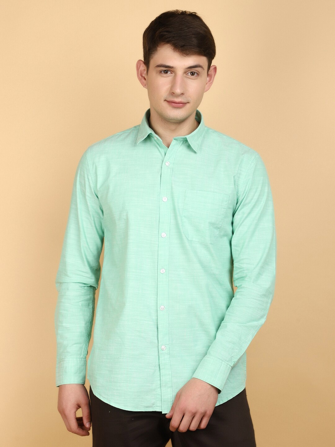 

V-Mart Spread Collar Long Sleeves Cotton Casual Shirt, Green