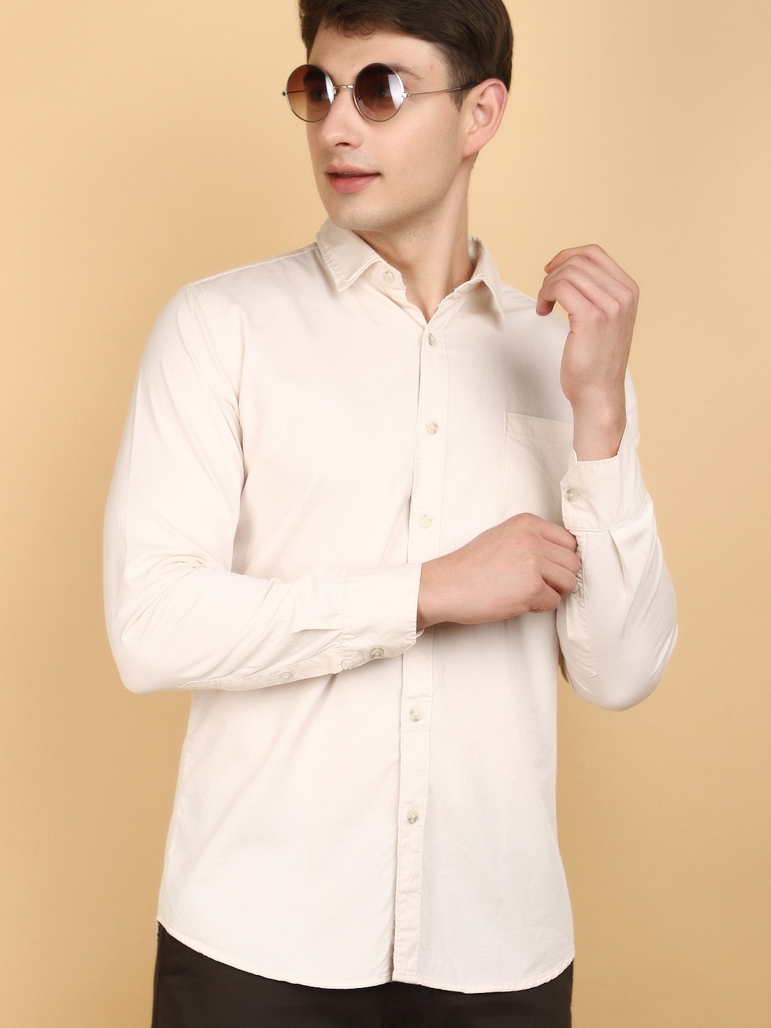 

V-Mart Spread Collar Long Sleeves Twill Weave Cotton Casual Shirt, Beige