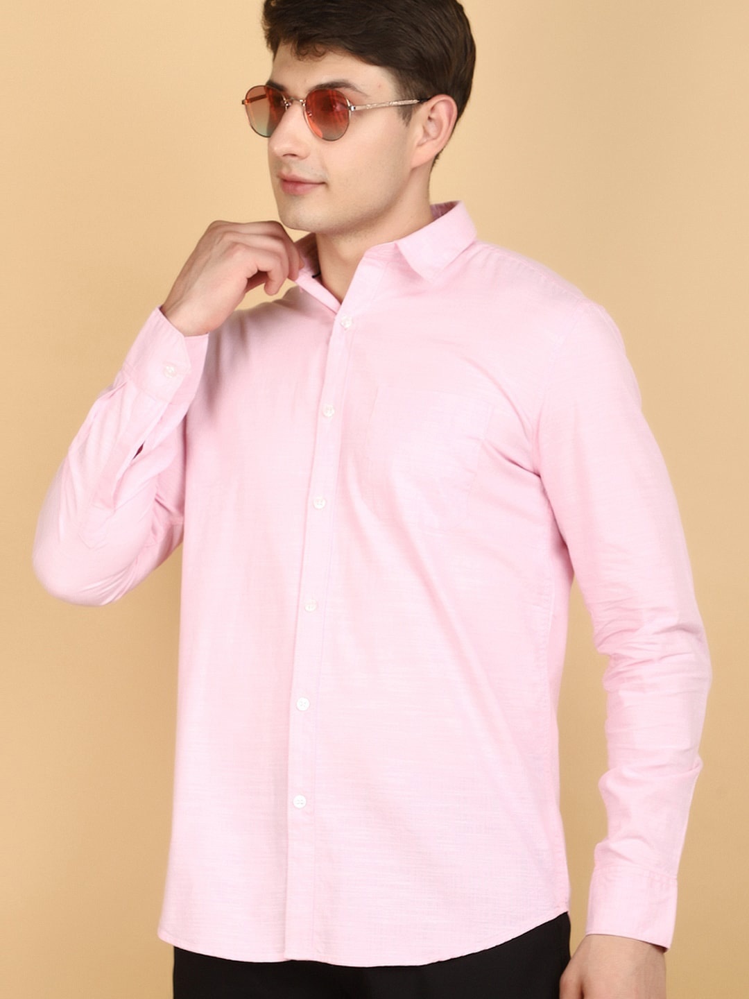 

V-Mart Slub Spread Collar Long Sleeves Cotton Casual Shirt, Pink