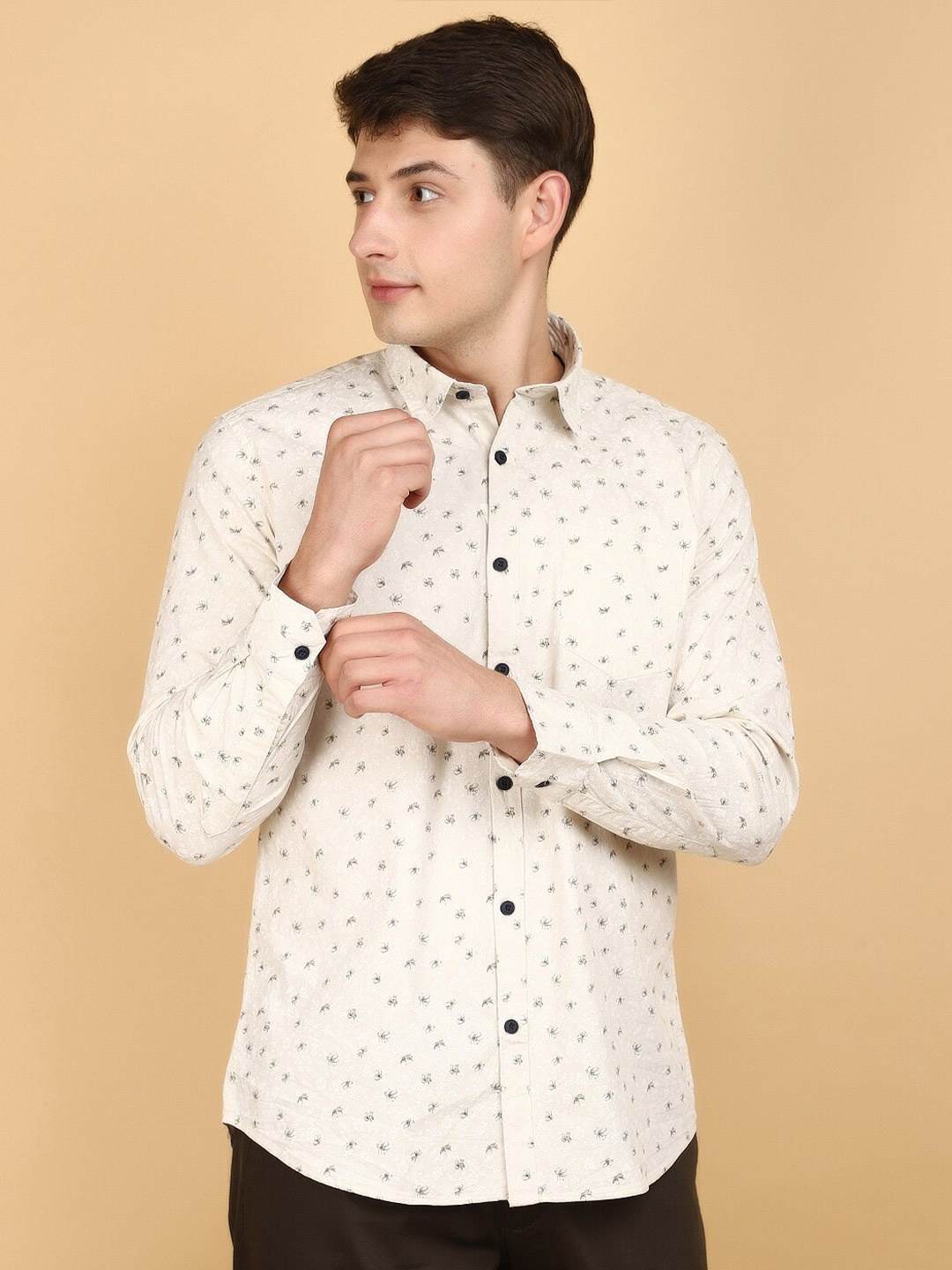 

V-Mart Long Sleeves Spread Collar Cotton Opaque Printed Casual Shirt, Khaki