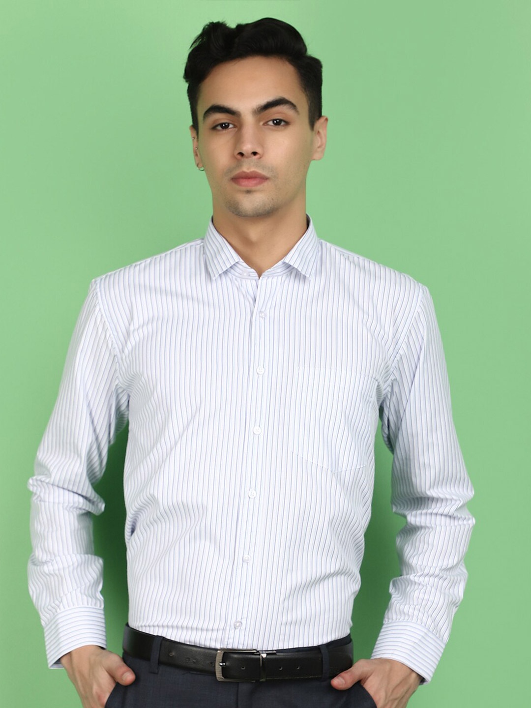 

V-Mart Long Sleeves Spread Collar Cotton Opaque Striped Formal Shirt, White