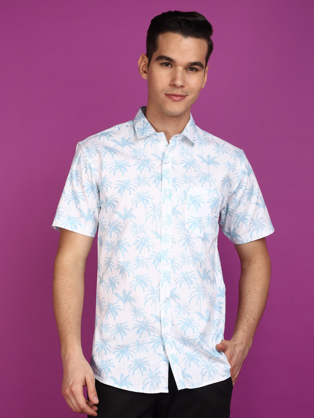 

V-Mart Slim Fit Floral Short Sleeves Spread Collar Cotton Opaque Printed Casual Shirt, Blue