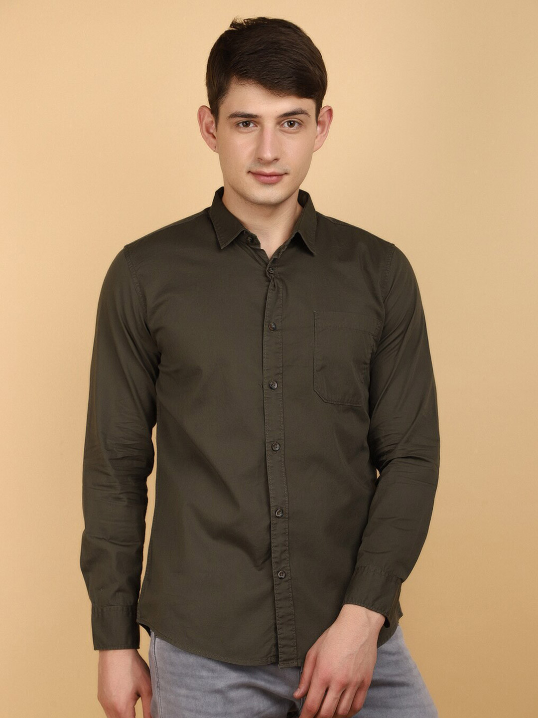 

V-Mart Long Sleeves Spread Collar Cotton Opaque Casual Shirt, Green
