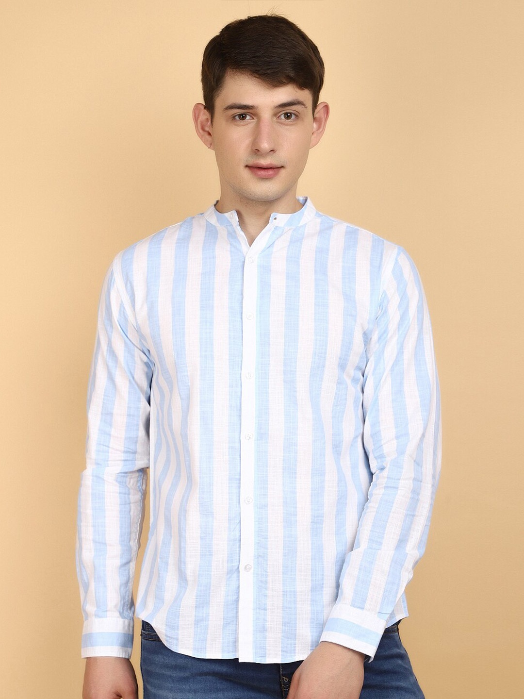 

V-Mart Slim Fit Long Sleeves Mandarin Collar Cotton Opaque Striped Casual Shirt, Blue