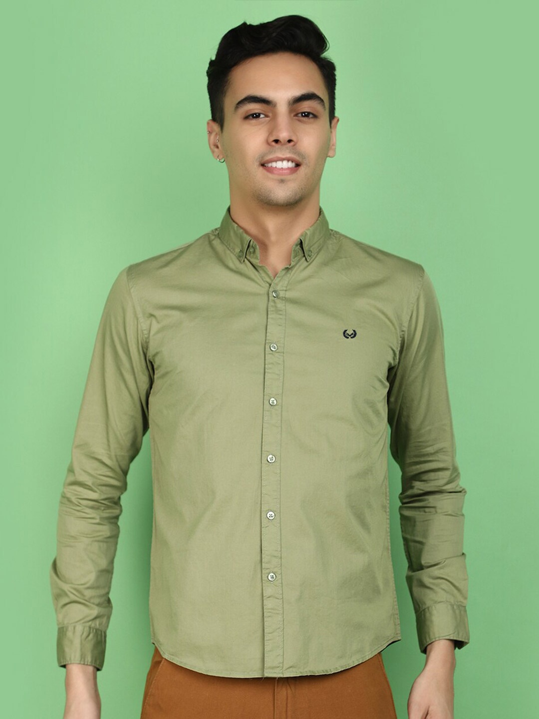 

V-Mart Slim Fit Long Sleeves Button-Down Collar Cotton Opaque Casual Shirt, Green