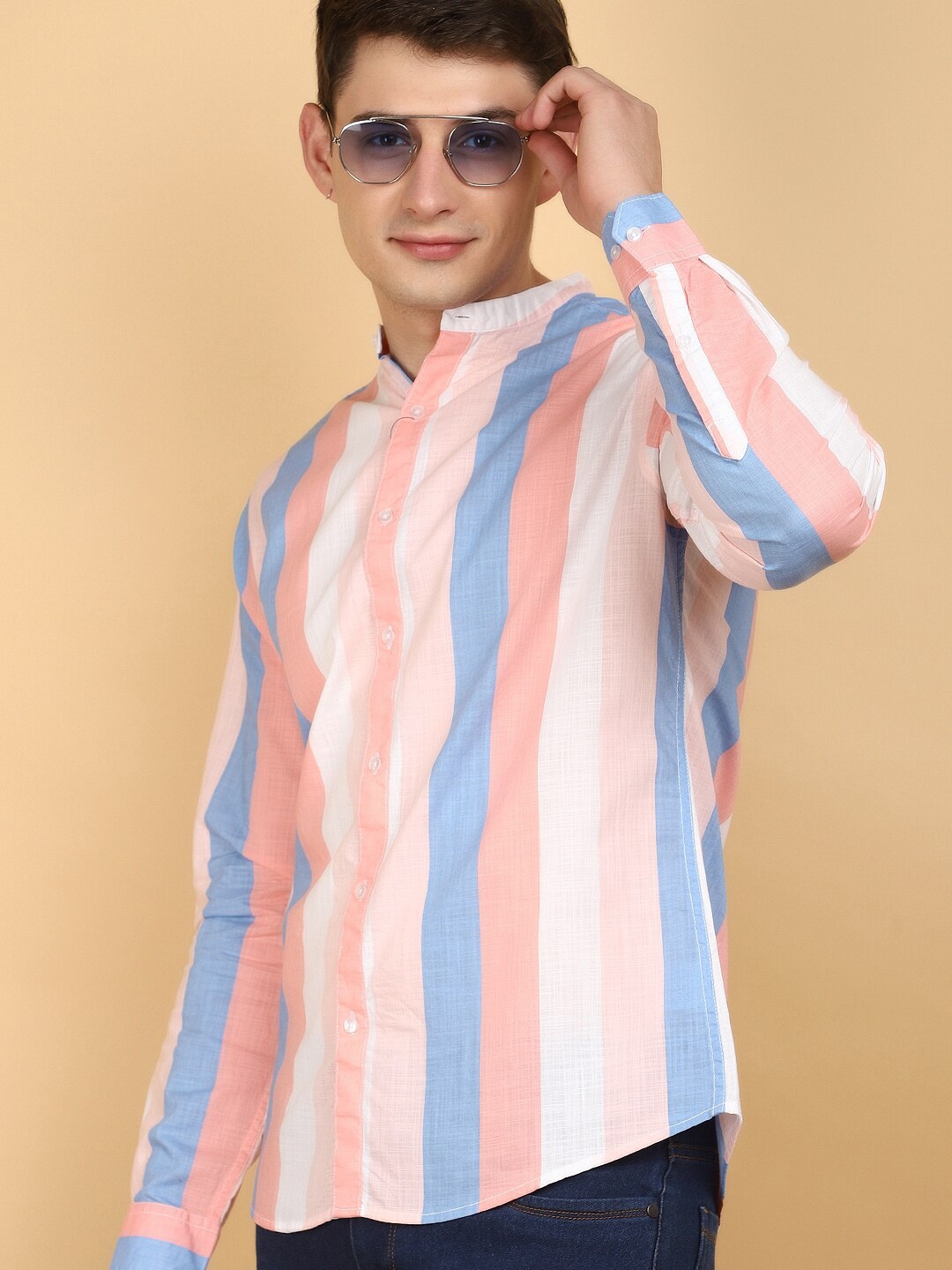 

V-Mart Striped Mandarin Collar Cotton Casual Shirt, Pink