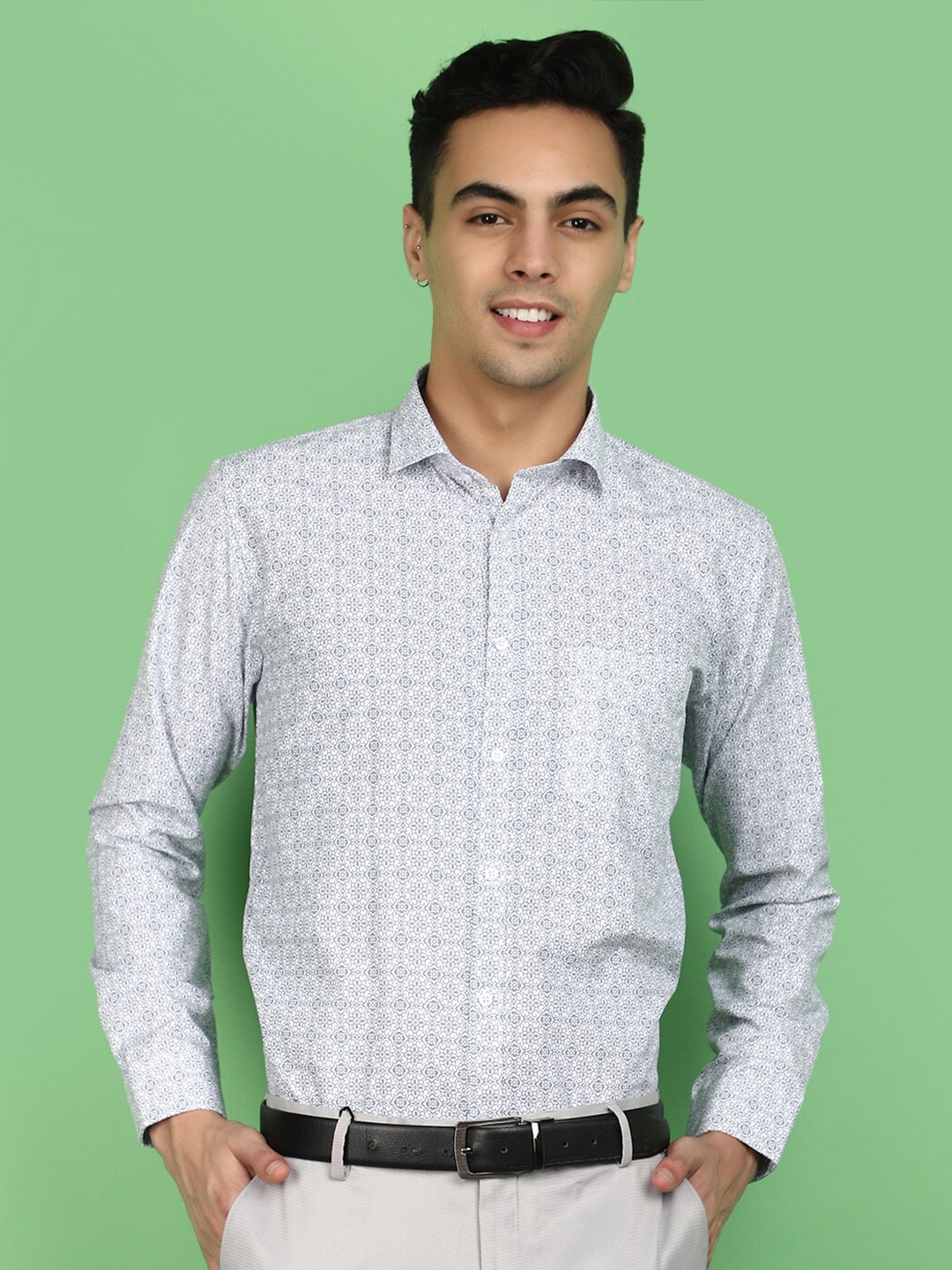 

V-Mart Spread Collar Long Sleeves Floral Printed Cotton Formal Shirt, Grey