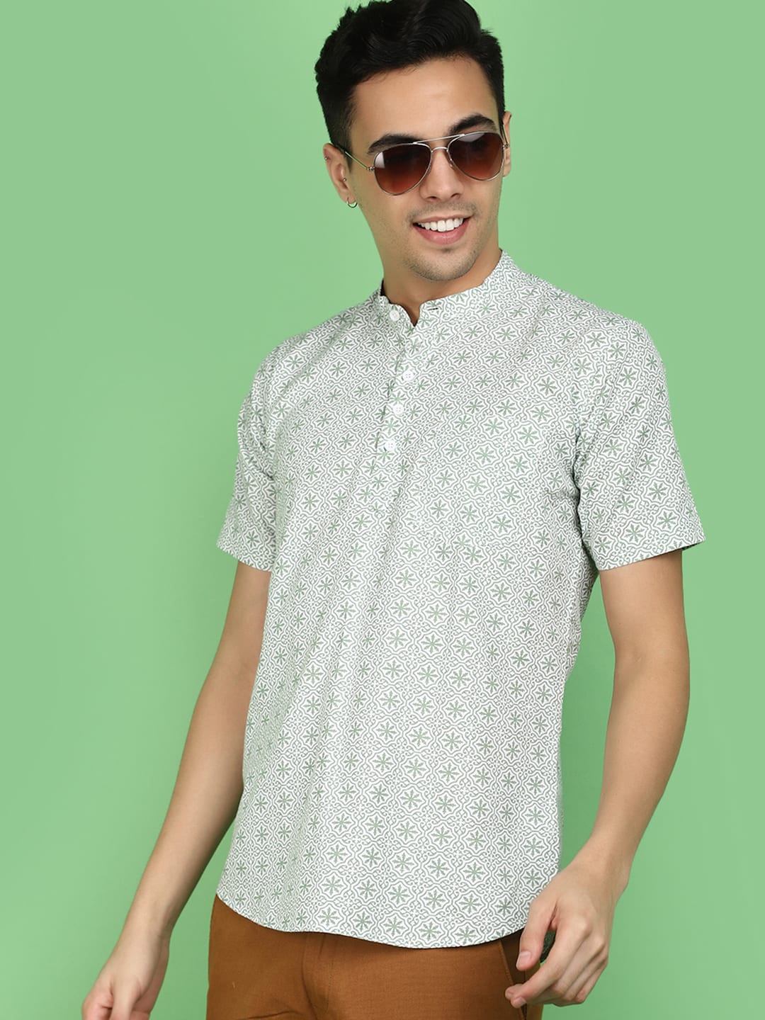 

V-Mart Printed Mandarin Collar Cotton Casual Shirt, Green