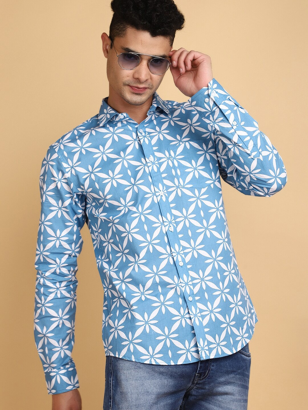 

V-Mart Printed Spread Collar Cotton Casual Shirt, Blue