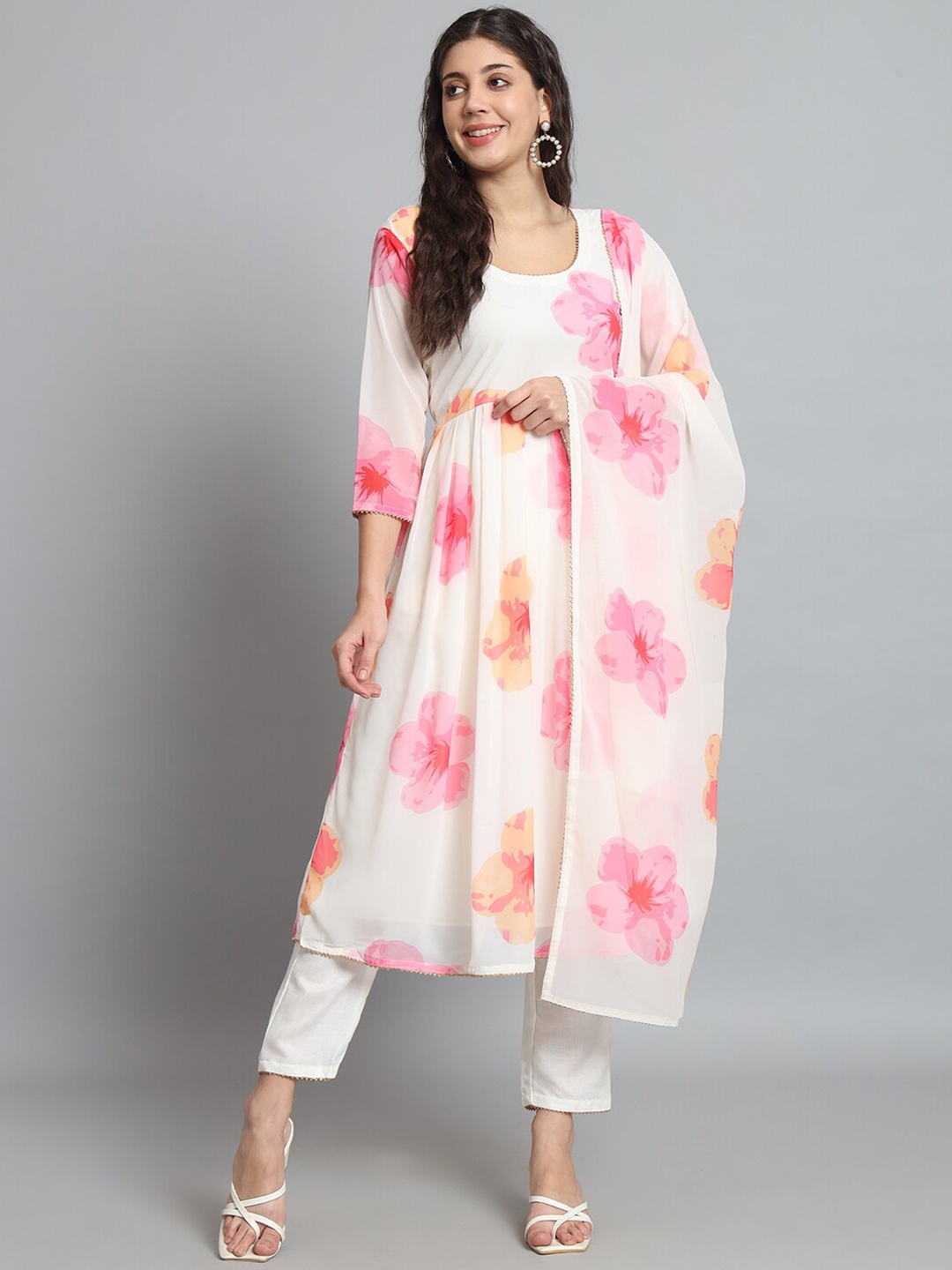 

THE52 Floral Printed Angrakha Kurta with Trousers & With Dupatta, White