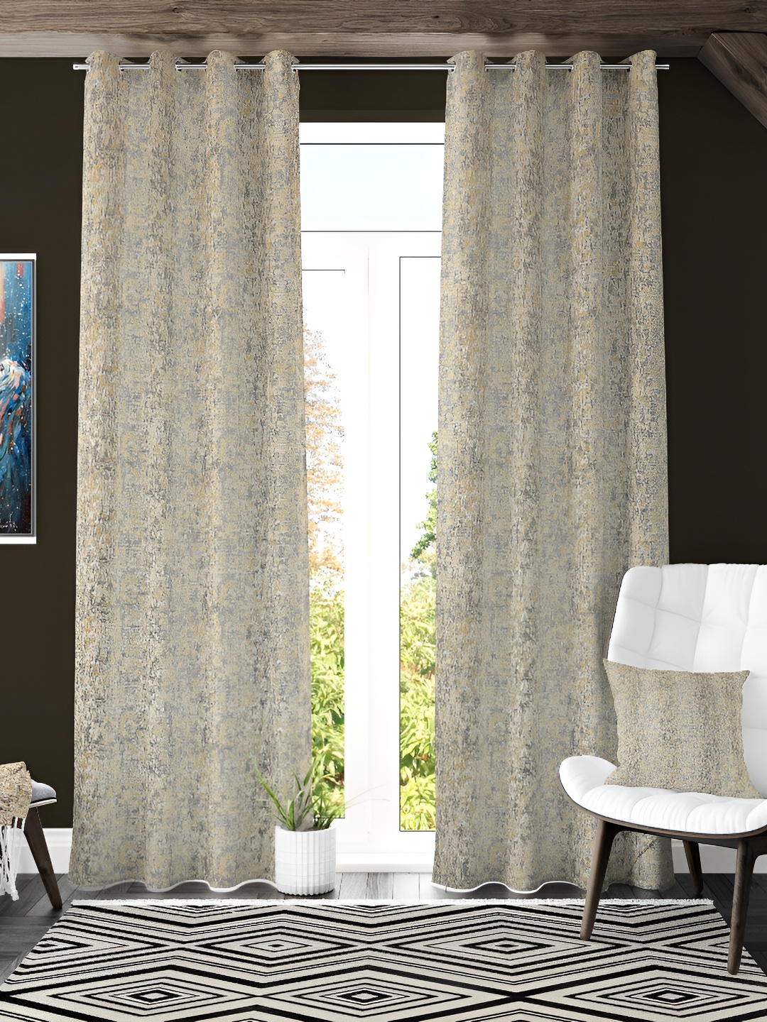 

Galaxy Home Decor Grey Set of 3 Floral Room Darkening Long Door Curtain