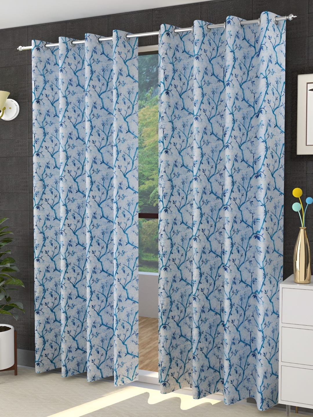 

Galaxy Home Decor Turquoise Blue & White 2 Pieces Floral Room Darkening Long Door Curtains