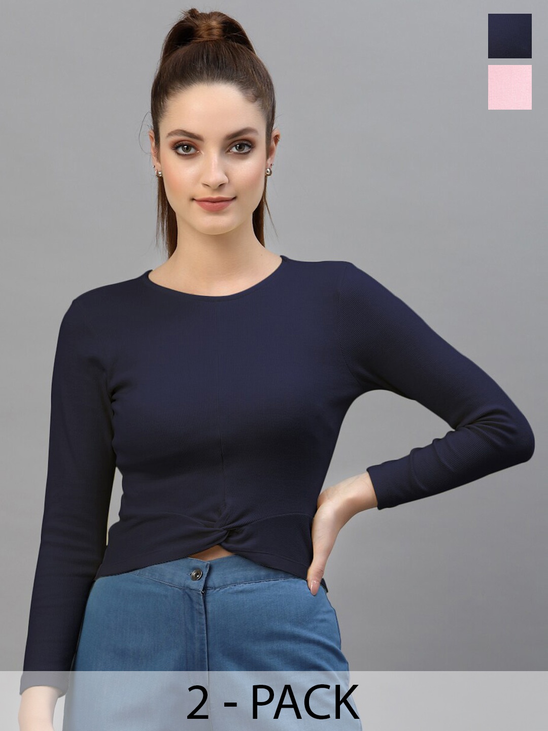 

Friskers Pack Of 2 Fitted Crop Tops, Navy blue