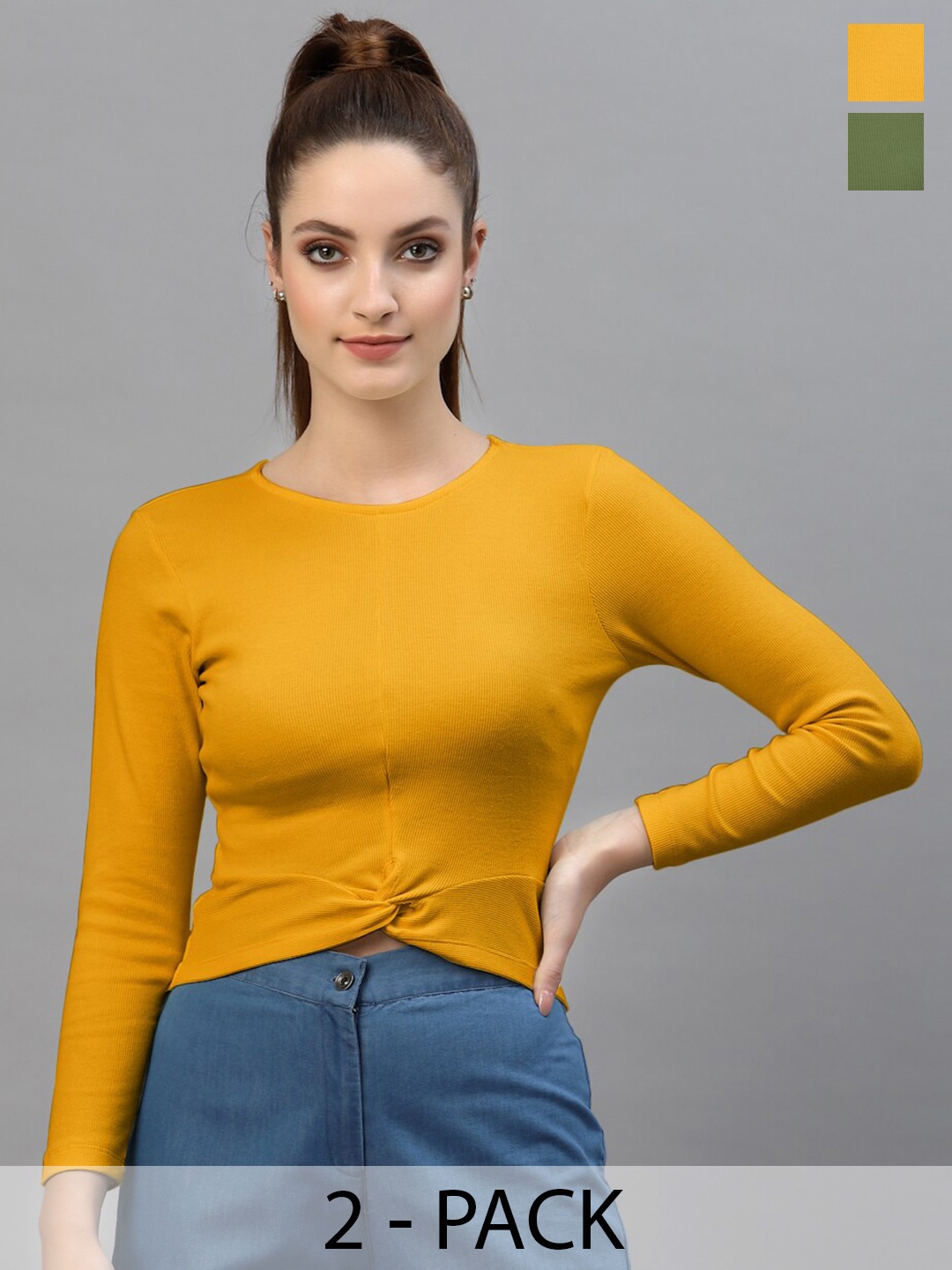 

Friskers Pack Of 2 Fitted Crop Tops, Mustard