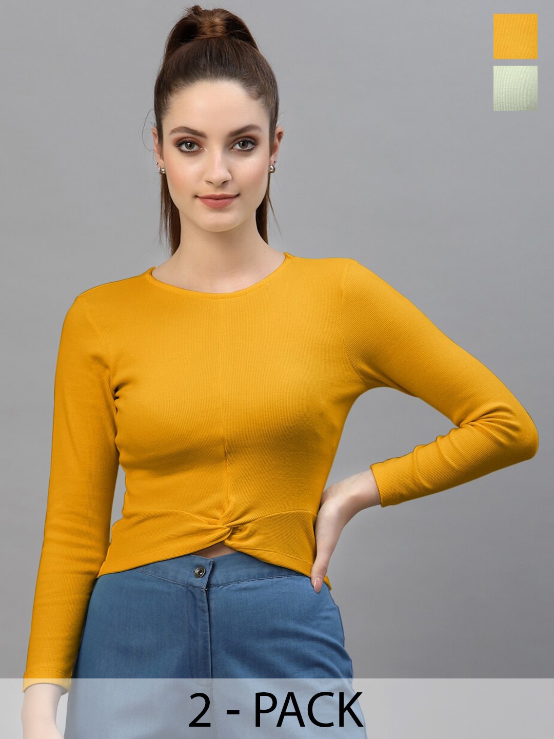 

Friskers Pack Of 2 Fitted Crop Tops, Mustard