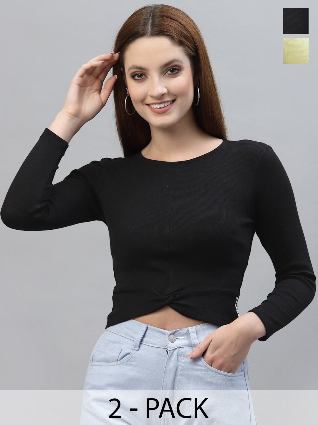 

Friskers Pack Of 2 Round Neck Long Sleeves Cotton Fitted Crop Top, Black