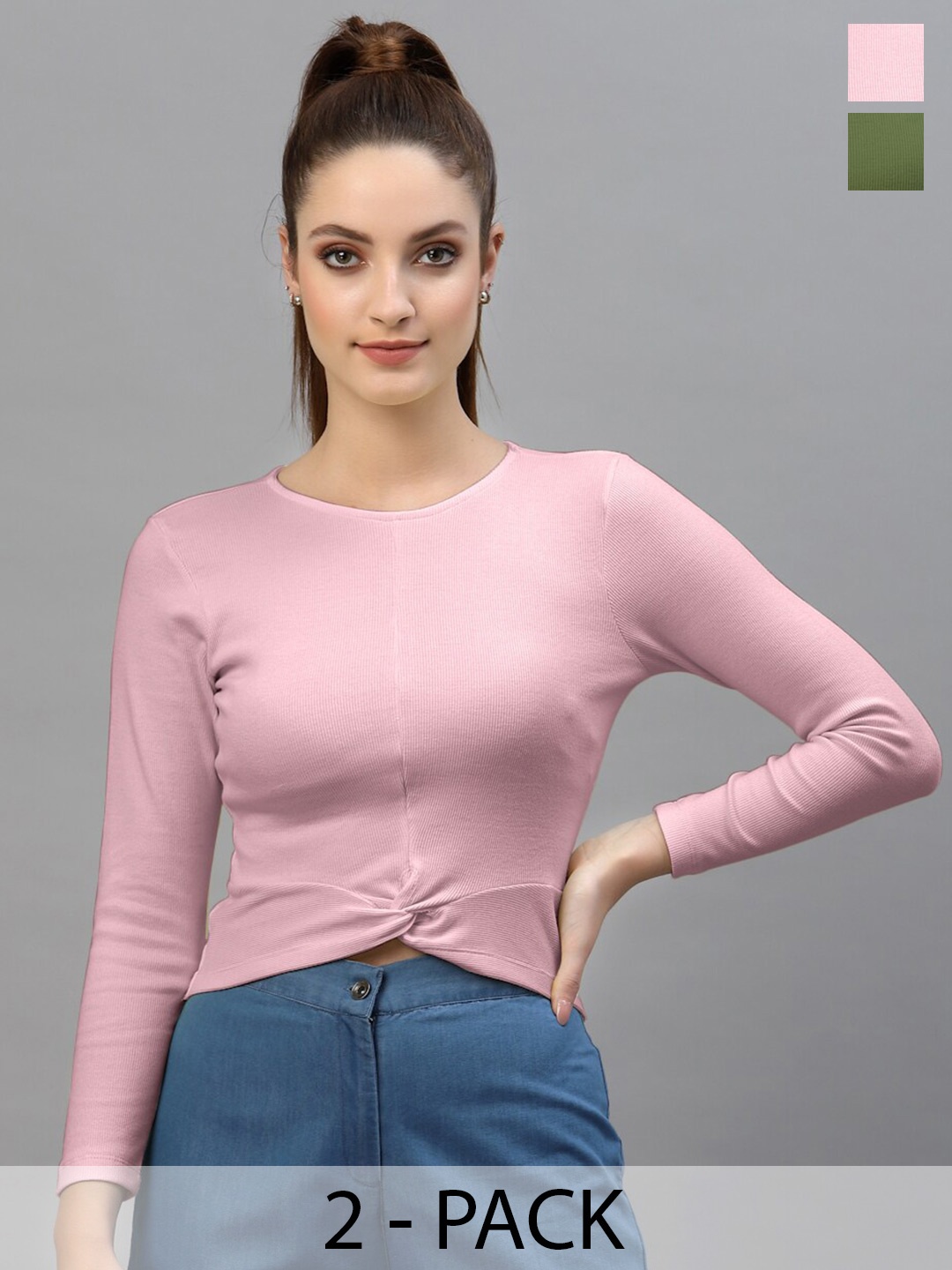 

Friskers Pack Of 2 Round Neck Long Sleeves Cotton Fitted Crop Top, Coral