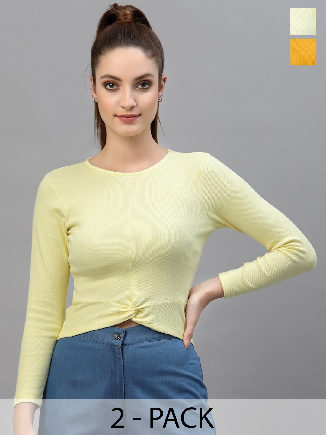 

Friskers Pack Of 2 Round Neck Twisted Fitted Tops, Yellow