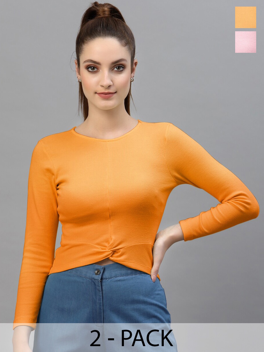 

Friskers Pack Of 2 Round Neck Long Sleeves Cotton Fitted Crop Top, Orange