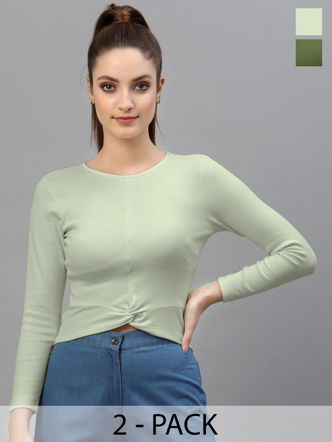 

Friskers Pack Of 2 Round Neck Long Sleeves Cotton Fitted Crop Top, Sea green