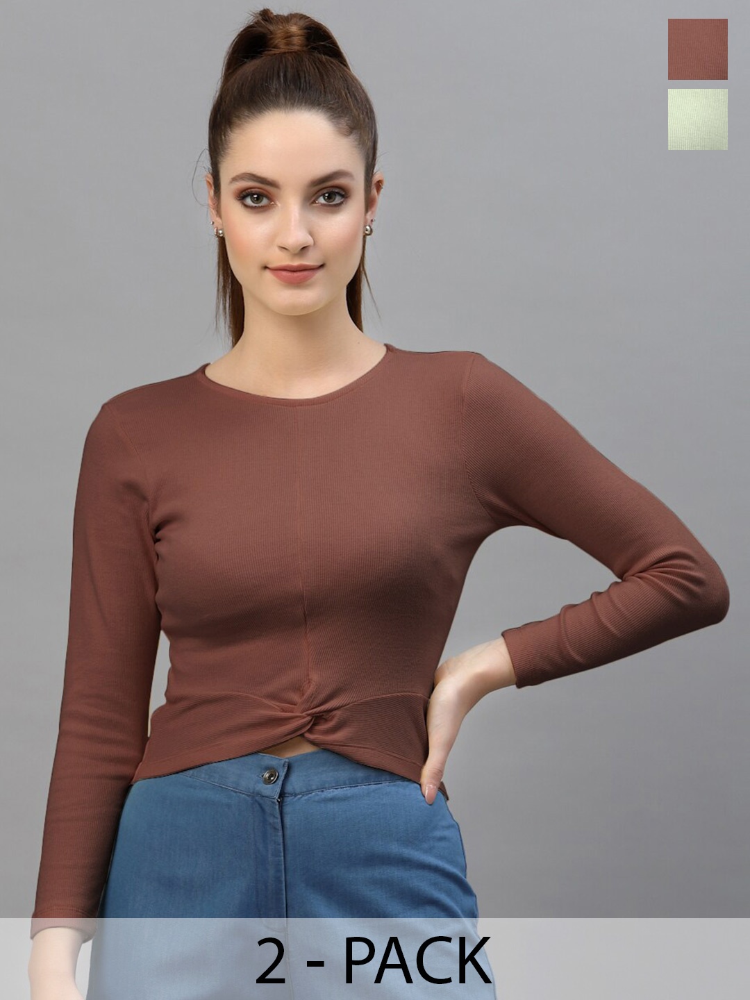 

Friskers Pack Of 2 Round Neck Long Sleeves Cotton Fitted Crop Top, Brown