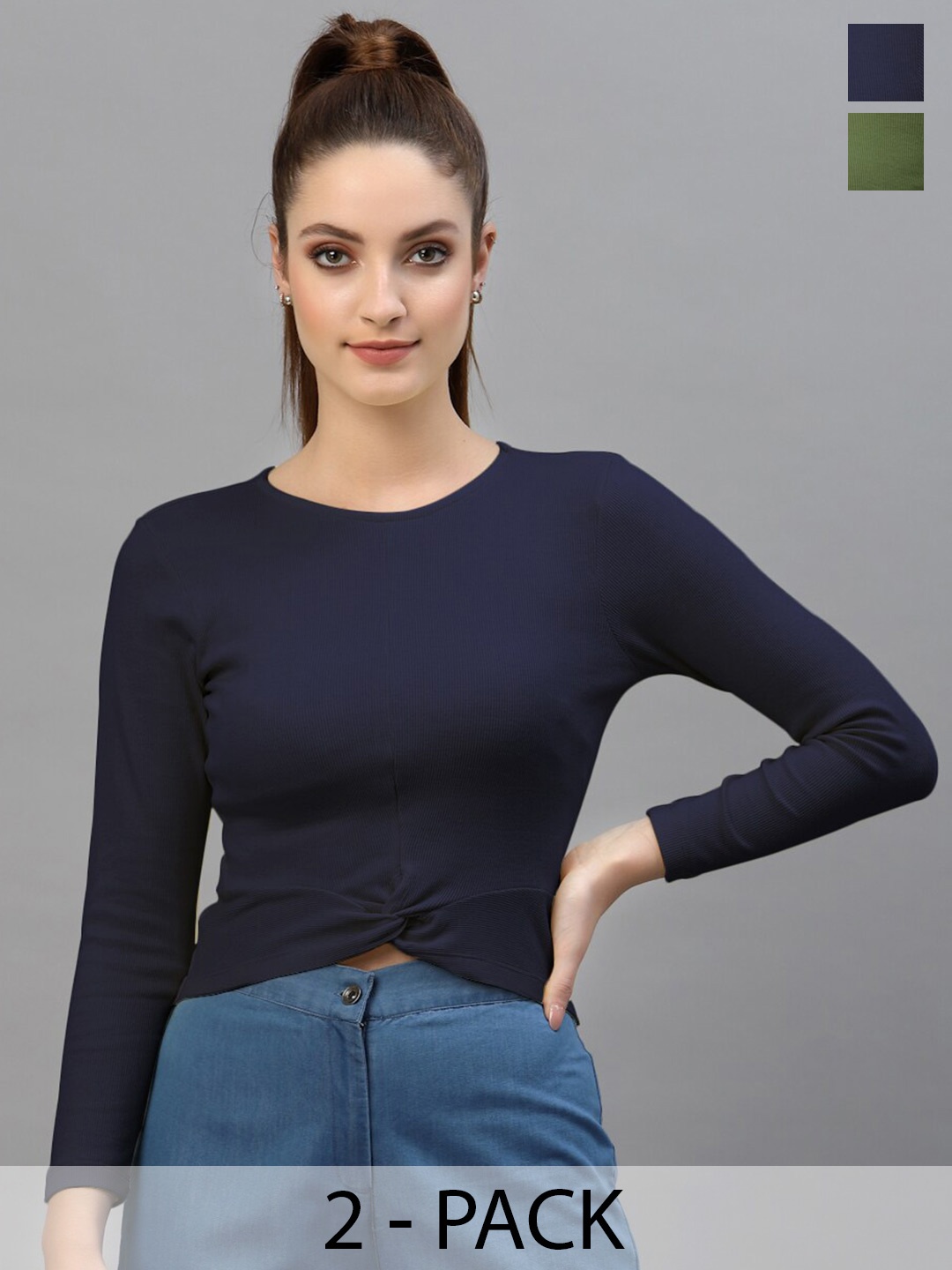 

Friskers Pack Of 2 Round Neck Long Sleeves Cotton Fitted Crop Top, Navy blue