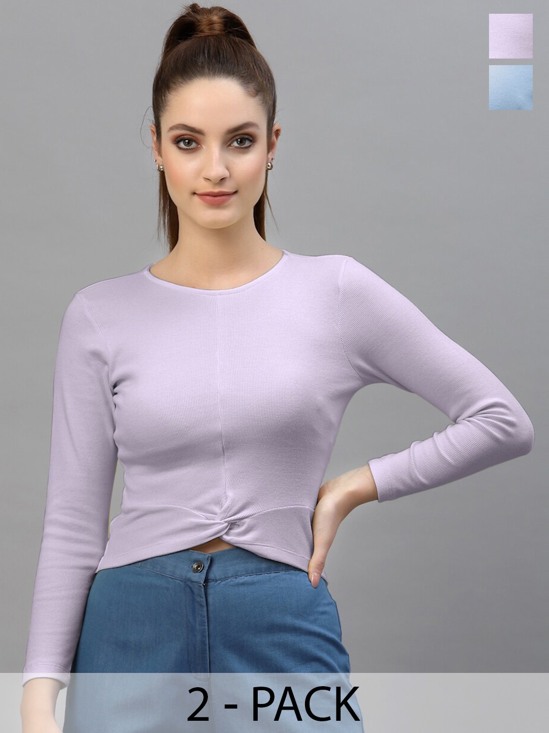 

Friskers Pack Of 2 Round Neck Long Sleeves Cotton Fitted Crop Top, Purple